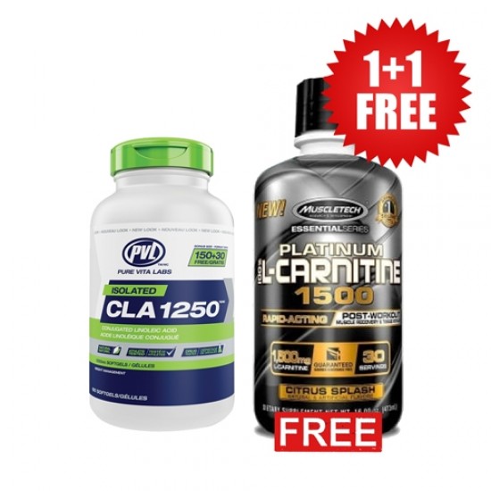 Promo 1+1 FREE PVL CLA 1250 mg / 180 Softgels + MUSCLETECH L-Carnitine 1500 / 550 ml на супер цена