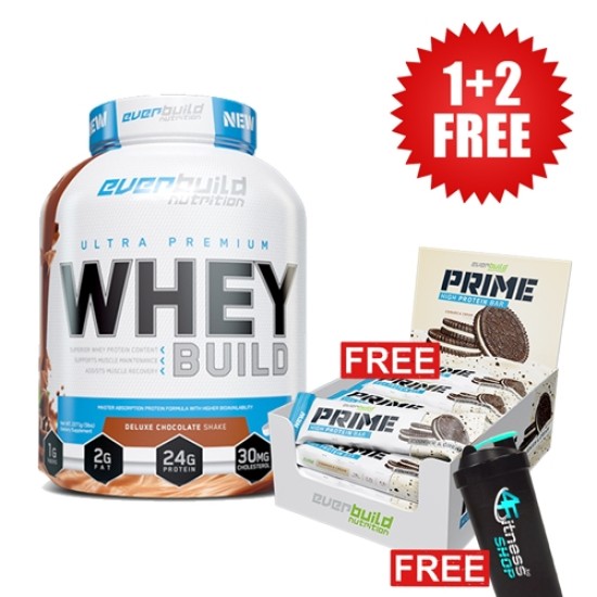Everbuild 1+2 FREE Ultra Premium Whey Build 2300 грама + Prime Bar / 12x50 gr.+ Shaker  на супер цена