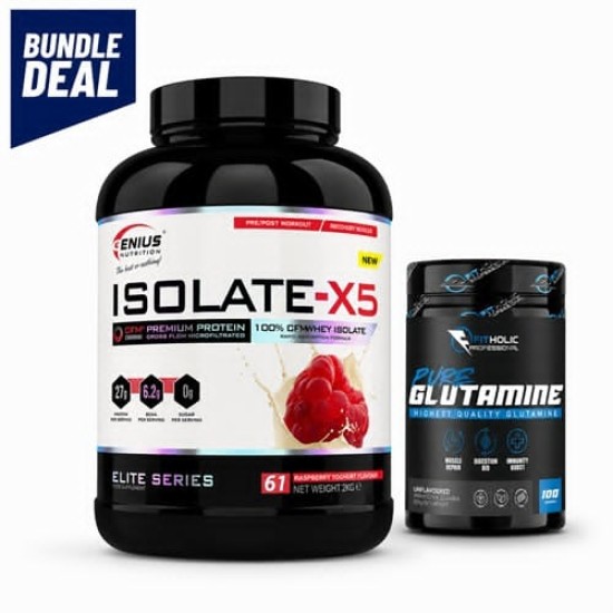 Промо пакет Genius Nutrition ISOLATE-X5 + Fitholic Professional Pure Glutamine на изгодни цени Промо пакет Genius Nutrition ISOLATE-X5 + Fitholic Professional Pure Glutamine на супер цена