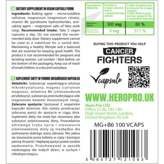 Hero.Lab MG + B6 | Magnesium Citrate + B6 100 капсули на супер цена