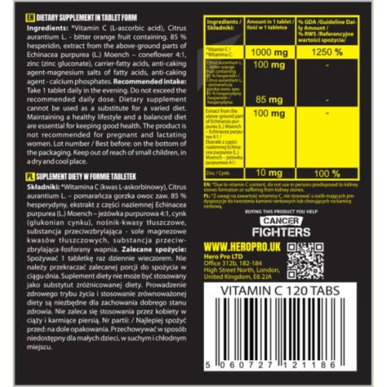 Hero.Lab Vitamin C 1000 mg + Bioflavonoids | with Echinacea + Zinc 120 Таблетки на супер цена