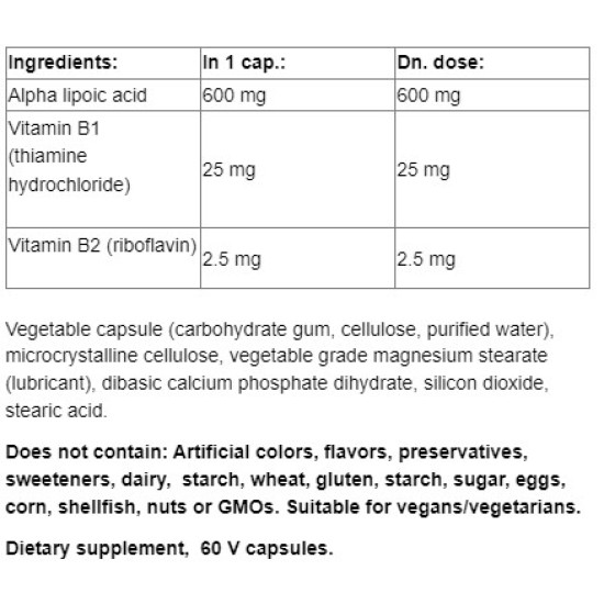NATURAL FACTORS Alpha Lipoic Acid 600 мг + Vitamin B1 and B2 / 60 капсули на супер цена