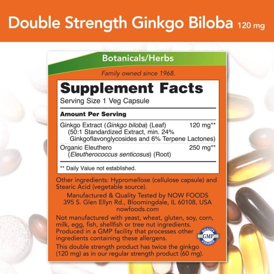 NOW Ginkgo Biloba 120 мг / Double Strength 50 капсули на супер цена