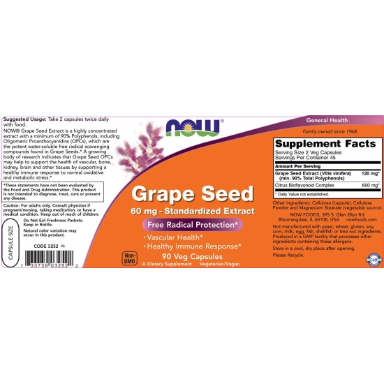 NOW Grape Seed Antioxidant 60 мг / 90 капсули на супер цена