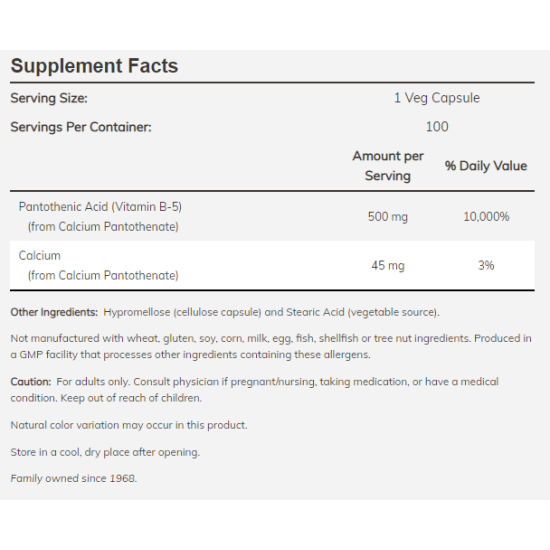 NOW Pantothenic Acid 500mg. / 100 Caps. на супер цена