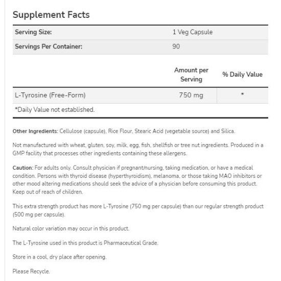NOW L-Tyrosine 750 мг | Extra Strength 90 капсули на супер цена