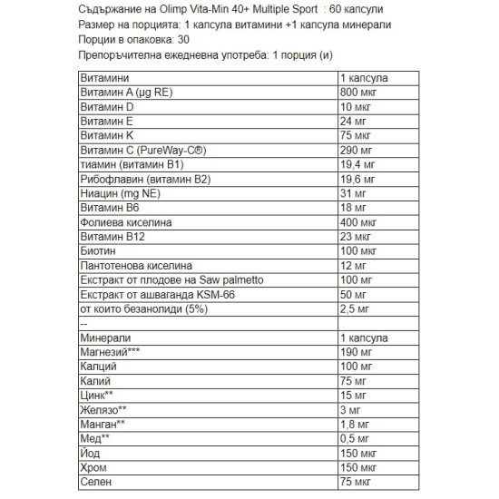 OLIMP VITA-MIN 40+ MULTIPLE SPORT, 60 капсули на супер цена