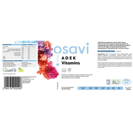 Osavi ADEK Vitamins | A + D + E + K | with Quali-D® 60 гел капсули на изгодни цени Osavi ADEK Vitamins | A + D + E + K | with Quali-D® 60 гел капсули на супер цена
