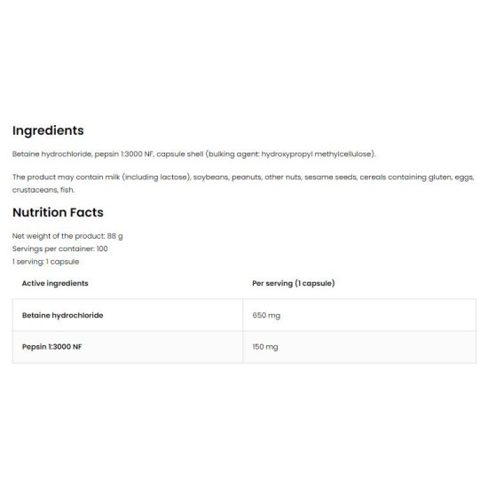 OstroVit Betaine HCl + Pepsin 100 капсули на супер цена