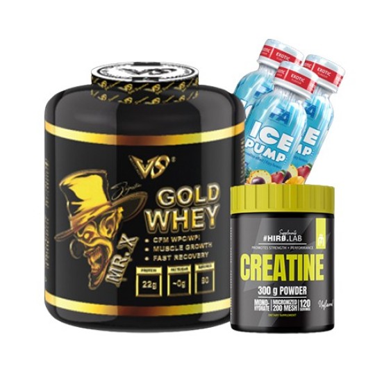 1+2 FREE V-SHAPE SUPPS MR X GOLD WHEY 2250 g+ ICE Pump Juice Shot 12x120 мл + Creatine Monohydrate Powder 300 гр на супер цена
