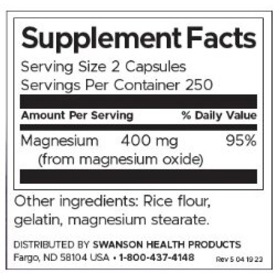 Swanson Magnesium Оxide 200 мг / 500 капсули на супер цена
