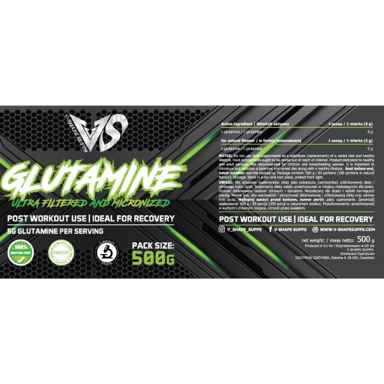 V-SHAPE SUPPS L-GLUTAMINE 500 g MICRONIZED ULTRA-FILTERED 100 дози на супер цена